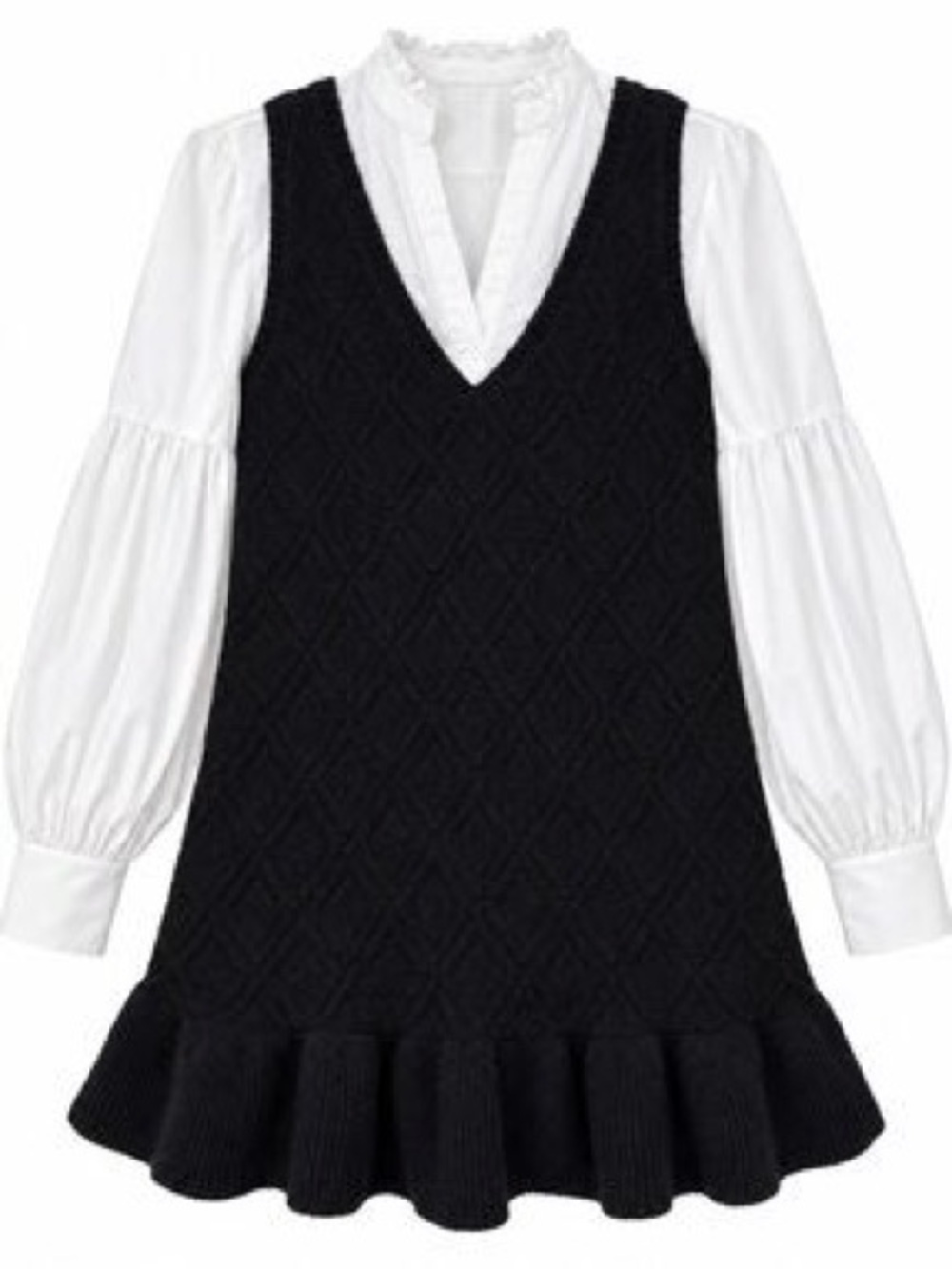 cinq a sept Black Knit Ruffle-Hem Pinafore with White Blouse